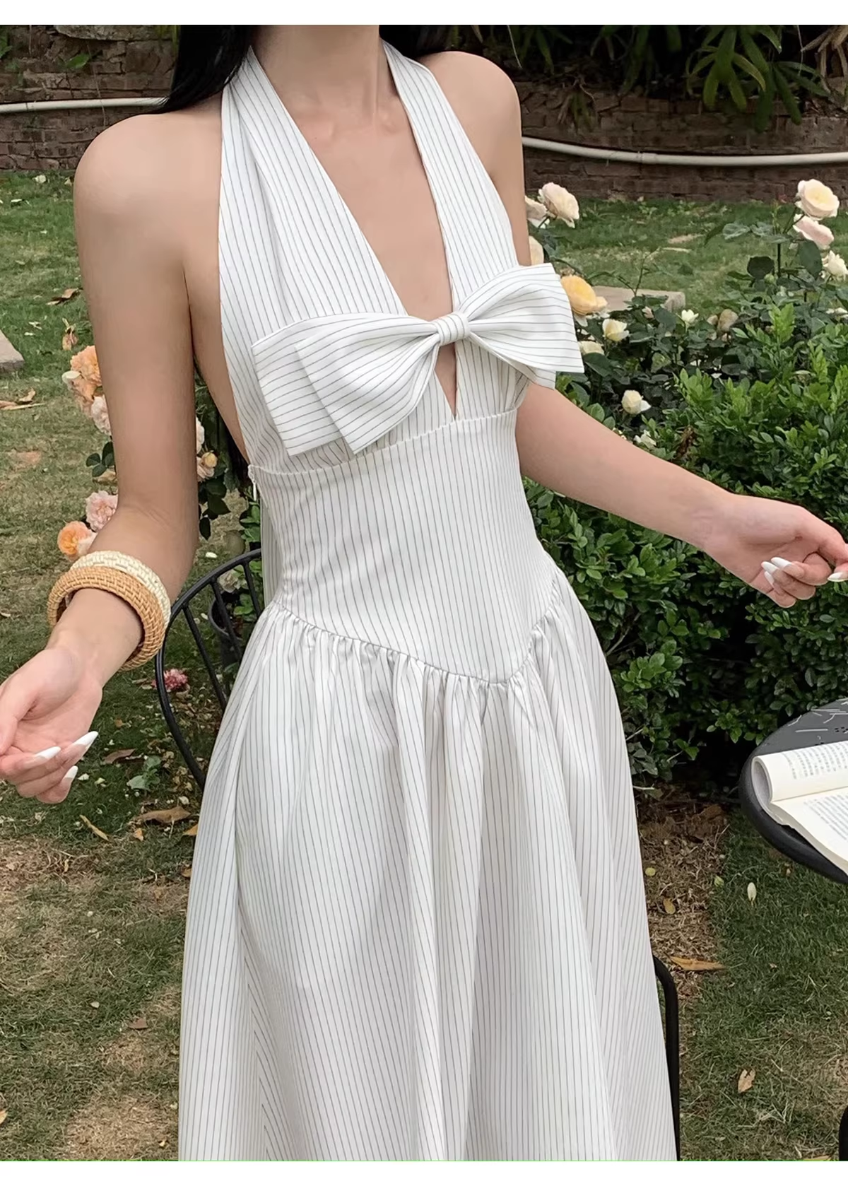 Cute Halter  A-Line Black White Striped Butterfly Bow V-Neck Long Evening Dress Birthday Party Gown D2083