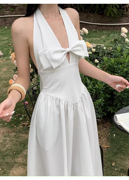 Cute Halter  A-Line Black White Striped Butterfly Bow V-Neck Long Evening Dress Birthday Party Gown D2083