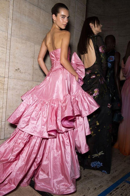 Pretty Pink Strapless Satin Pleated Ruffles Long Birthday Party Dress Evening Gown D4592