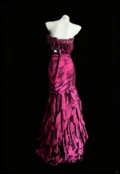 Pretty Blue Satin Pleated Beaded Mermaid Party Dress Strapless Long Evening Dress D5216