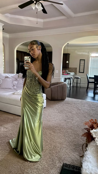 Fashion Spaghetti Strap Sage Green Satin Beaded Slit Mermaid Long Party Dress Evening Gown D5001