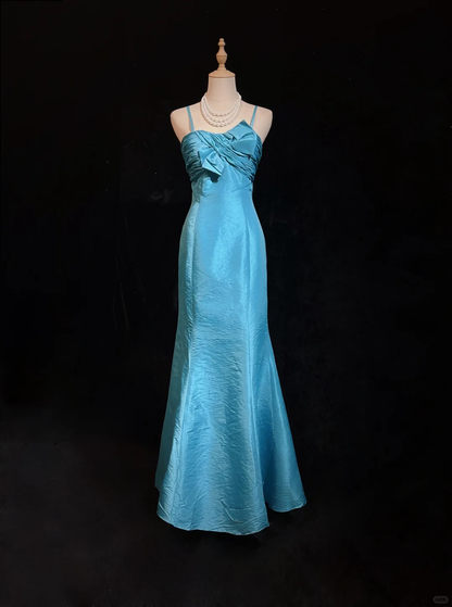 Gorgeous Spaghetti Straps Blue Satin Mermaid Long Party Dress Evening Dress D5078