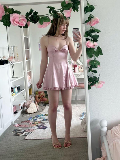 Cute Spaghetti Straps Satin A Line Short Graduation Homeocming Dress,Pink Short Party Dress D4118