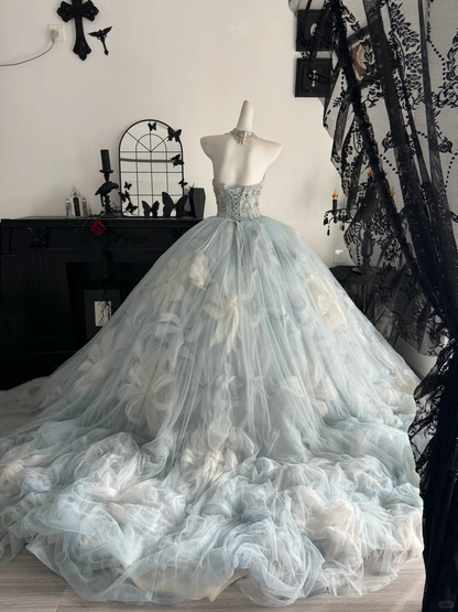 Elegant Strapless Blue Tulle Pleated Beaded Long Birthday Quinceanera Dress Sweet 15 Dress D4715