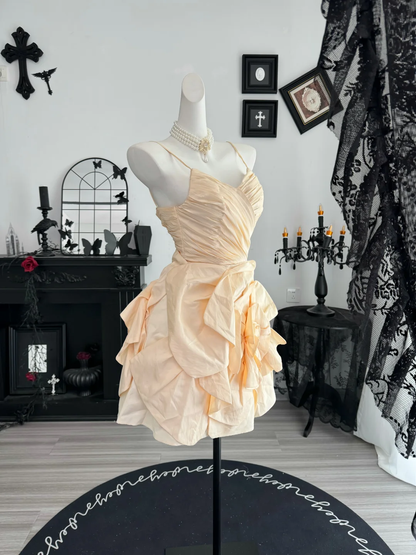 Cute Spaghetti Strap Satin Pleated Floral Short Homecoming Dress Birthday Dress D4609