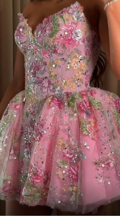 Charming Strapless Tulle Sequin Floral Short 15th Birthday Outfits,Pink Short Homecoming Dress D4308