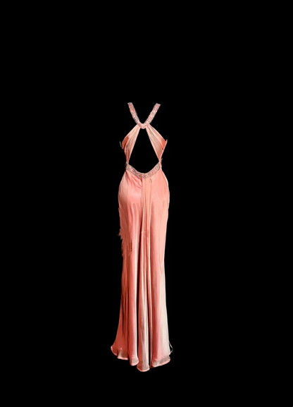 Elegant Peach Pink V-Neck Long Prom Dress Beaded Backless Mermaid Long Party Dress D4737
