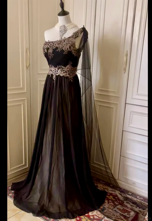 Vintage Black Tulle Appliques Beaded Mermaid Evening Dress,One Shoulder Long Wedding Guest Dress D3092