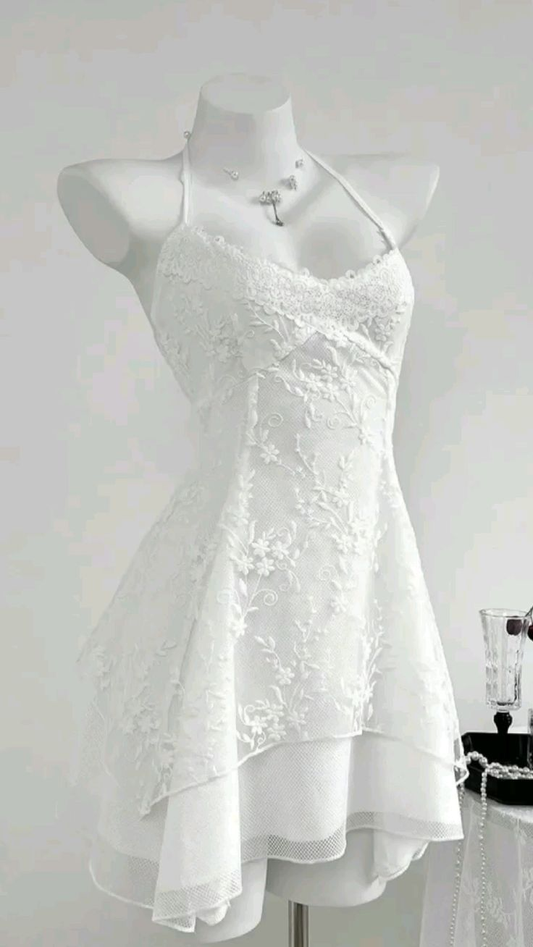 Classy Halter Tulle Lace Appliques White Short Prom Dress 20th Birthday Outfits Homecoming Dress D705