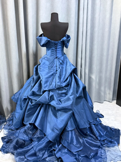 Vintage Off The Shoulder Satin Pleated Beaded Ball Gown Blue Long Party Dress Prom Gown D2472