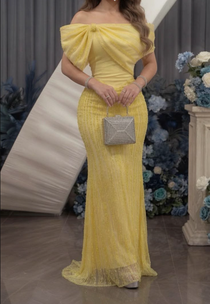 Pretty Yellow Satin Sequin Beaded Mermaid Long Party Dress,Off The Shoulder Long Evening Gown D4938