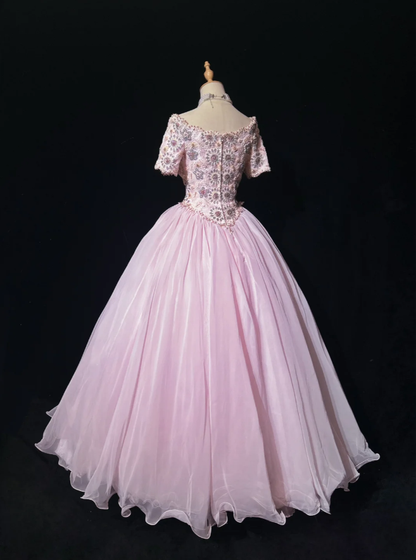 Charming Pink Tulle Lace Beaded Ball Gonn Long Birthady Evening Dress D2070
