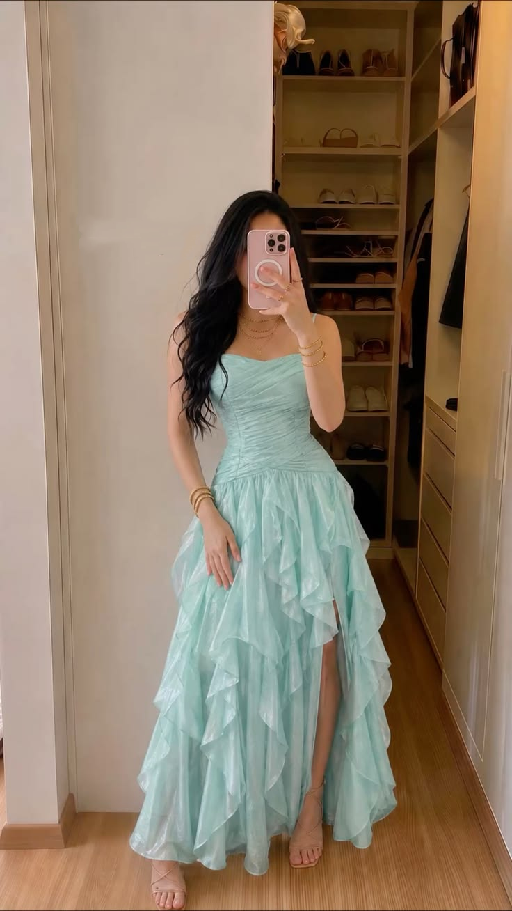 Classy Spaghetti Straps Blue Tulle Long Party Dress Prom Dresses D4278