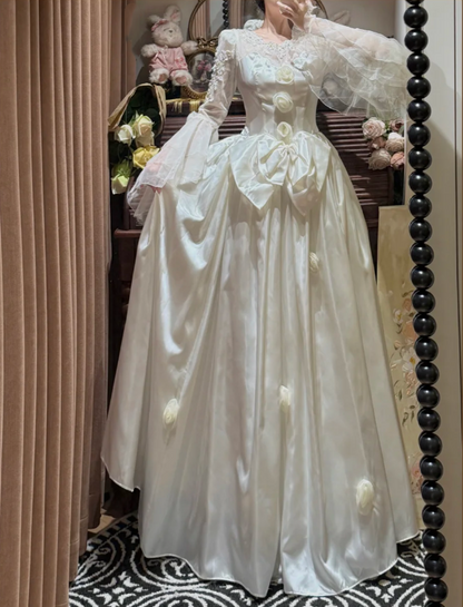 Charming Beaded Bow Satin Ball Gown White Long Wedding Dress D2033