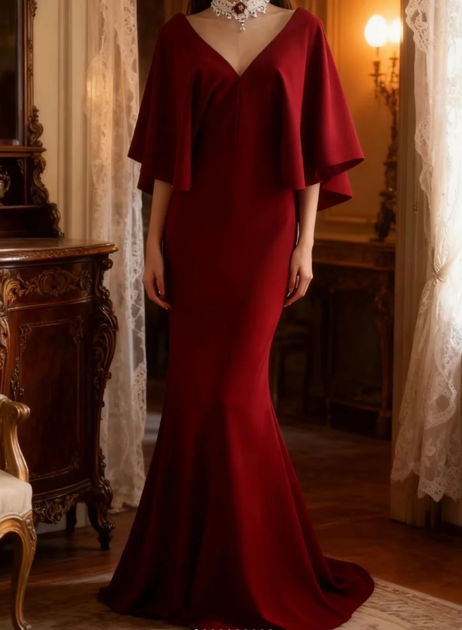 Vintage V Neck Burgundy Satin Mermaid Evening Dress Backless Long Birthday Party Dress D1272