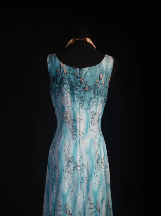 Vintage Square Neck Blue Chiffon Beaded Long Prom Dress Birthday Party Dress D2259