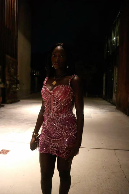 Gorgeous Spaghetti Straps Satin Beaded Sheath Short Birthday Outfits Pink Short Homecoming Dress D4759