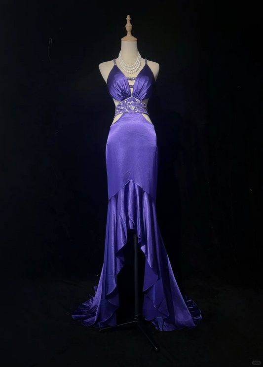 Sexy Purple Satin Sequin Beaded Mermaid Evening Dress,Spaghetti Straps Long Party Gown D2838
