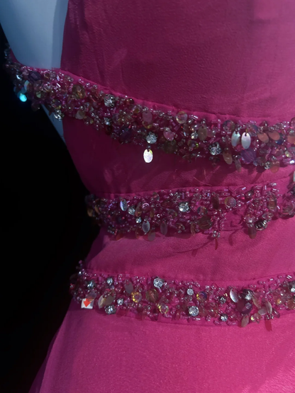 Elegant Hot Pink Chiffon Beaded Mermaid Long Party Dress,Halter V Neck Prom Gowns D2842