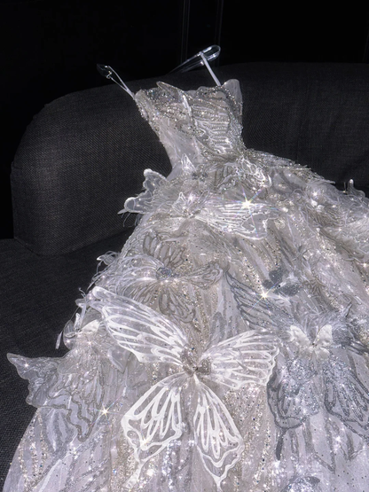 Glitter Strapless Tulle Sequin Beaded 3D Butterfly Long Wedding Dress Bridal Dress D3082