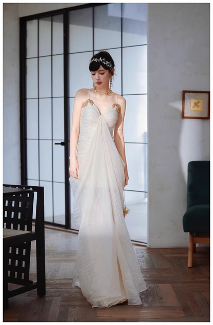 Charming Spaghetti Straps Light Apricot Chiffon Pleated Mermaid Long Evening Dress 18th Birthday Outfits D2451