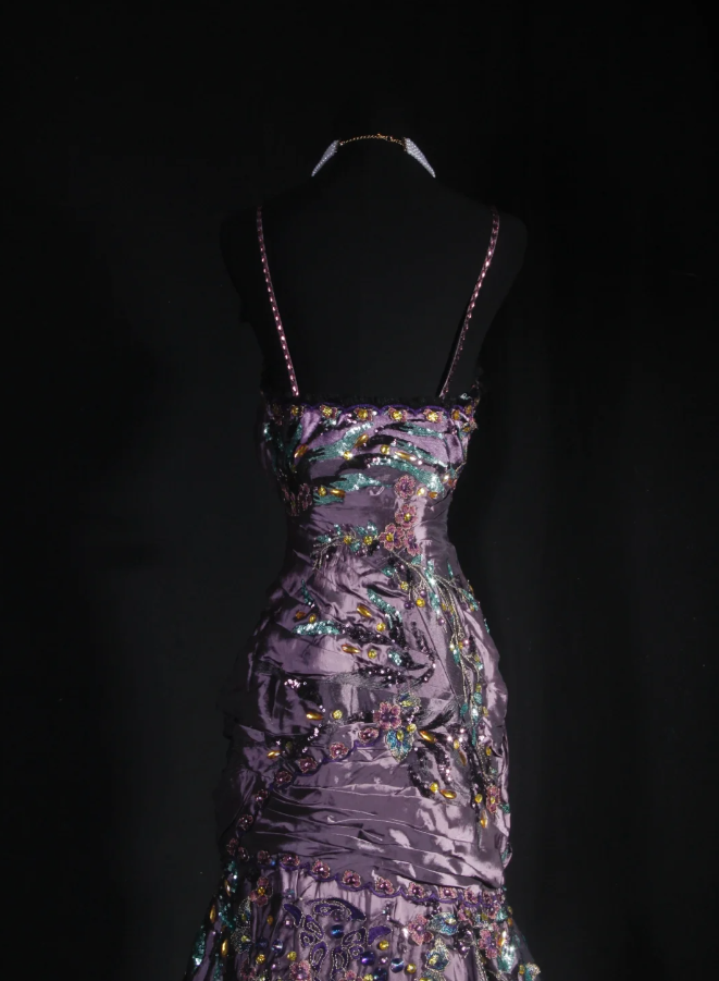 Charming Spaghetti Straps Satin Sequin Beaded Mermaid Evening Dress,Purple Long Party Dress Prom Gown D2009