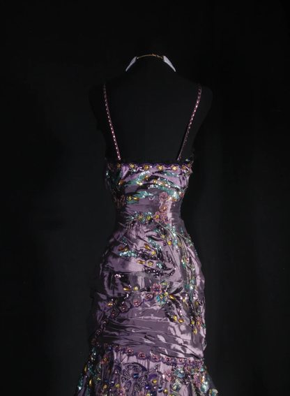 Charming Spaghetti Straps Satin Sequin Beaded Mermaid Evening Dress,Purple Long Party Dress Prom Gown D2009