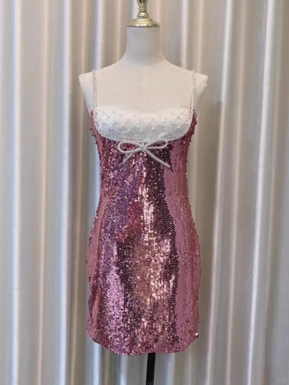 Sparkly Pink Sequin Beaded Sheath Birthday Outfits Spaghetti Straps Homecoming Dress S425