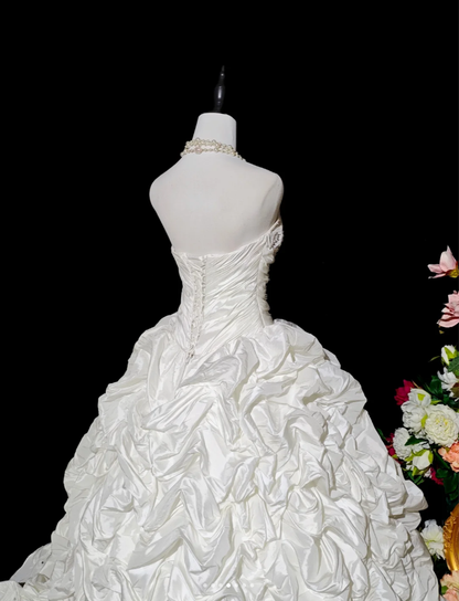 Retro Strapless Satin Pleated Beaded Ball Gown White Birthday Quinceanera Dress D2358