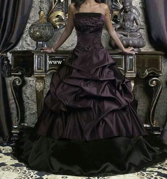 Retro Dark Purple Strapless Satin Pleated Beaded Ball Gown Formal Quinceanera Dress D1165