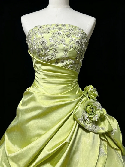 Retro Ball Gown Green Satin Tulle Beaded Quinceanera Dress D5278