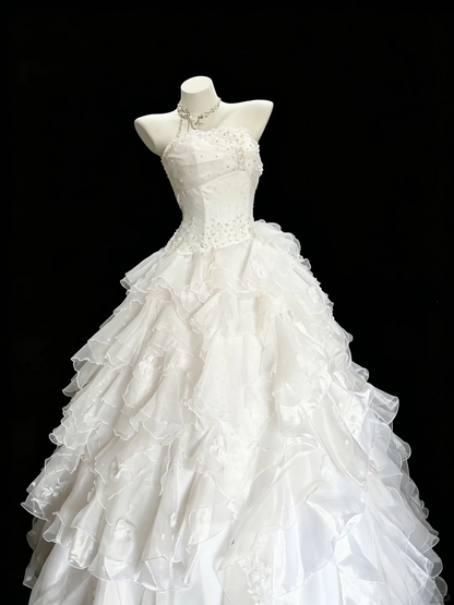 Pretty White Tulle Ruffles Appliques Long Wedding Dress D5282