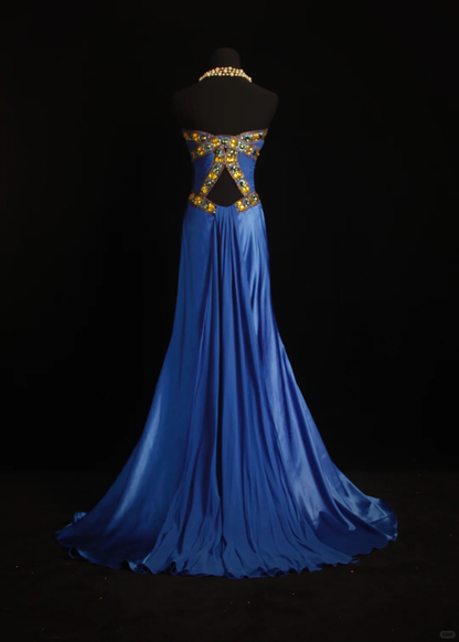Elegant Strapless Blue Satin Chiffon Beaded Mermaid Long Evening Dress Birthday Party Dress D2855