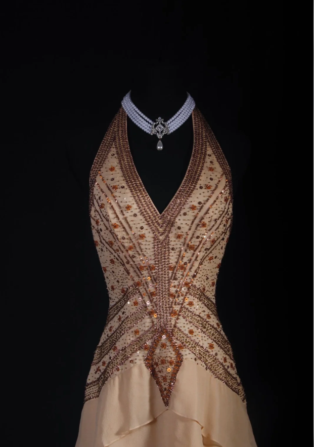Vintage Khaki Halter Beaded Chiffon Layered Mermaid Long Party Dress Backless Wedding Guest Dress D2005