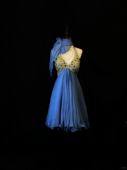 Gorgeous Blue Halter V Neck Tulle Beaded A Line Short 6th Grade Homecoming Dress Cocktail Dress D3248
