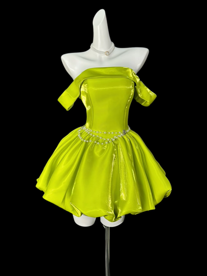 Unique Lemon Green Off The Shoulder Satin A Line Short Homecoming Dress Birthday Dress D4150