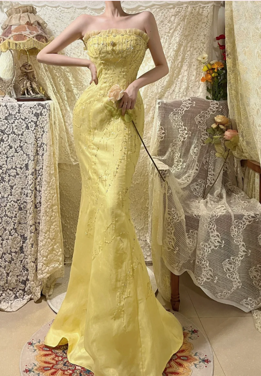Sweet Strapless Yellow Tulle Satin Beaded Mermaid Long Prom Dress Birthday Party Gown D2137