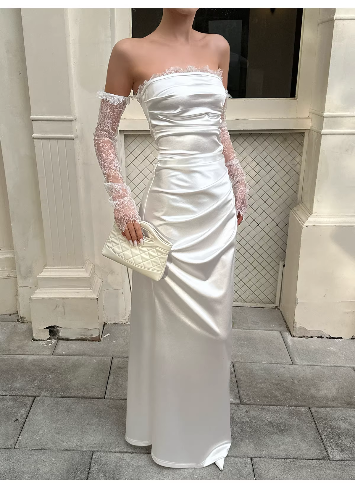 Classy White Off The Shoulder Satin Lace Mermaid Long Wedding Guest Dress Formal Evening Dress Prom Gown D2126