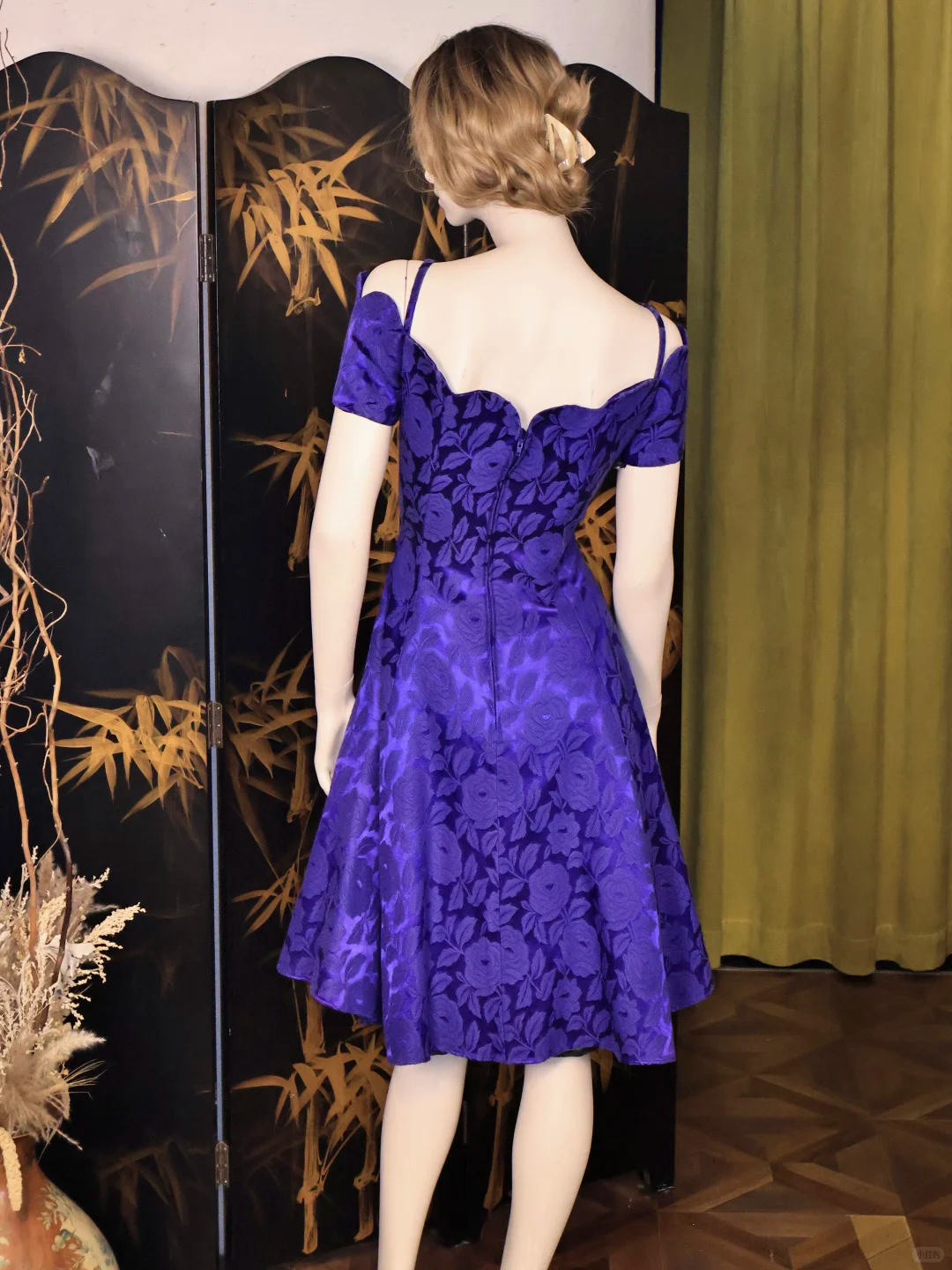 Vintage Purple Rose Floral Print A Line Homecoming Dress Off The Shoulder Mini Prom Dress S733