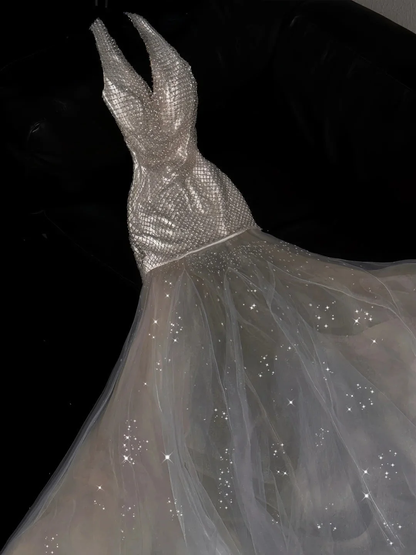 Sparkly Halter V Neck Sequin Tulle Beaded Mermaid Evening Dress Long Birthday Party Dress D4879