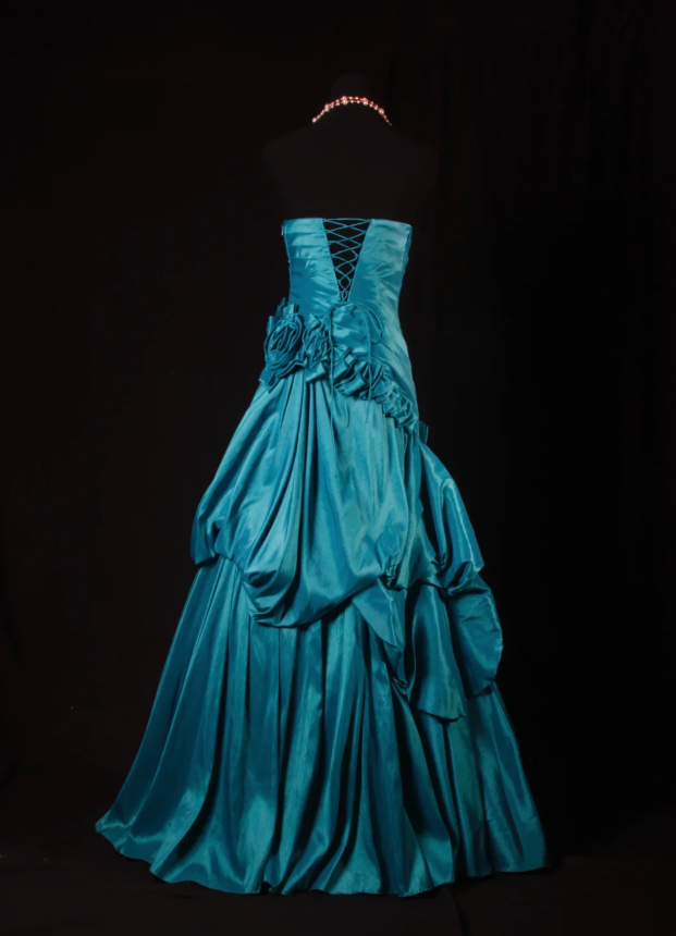 Vintage Strapless Blue Green Satin Pleated Floral Mermaid Long Party Dress Evening Gown D2230