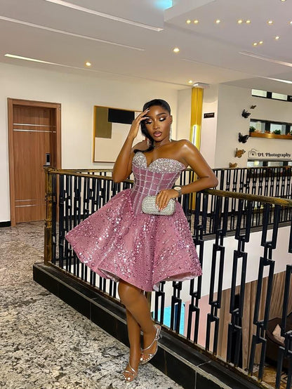 Gorgeous Pink Strapless Satin Sequin Beaded A Line Short Homecoming Dress,Mini 17th Birthday Outfits D3686