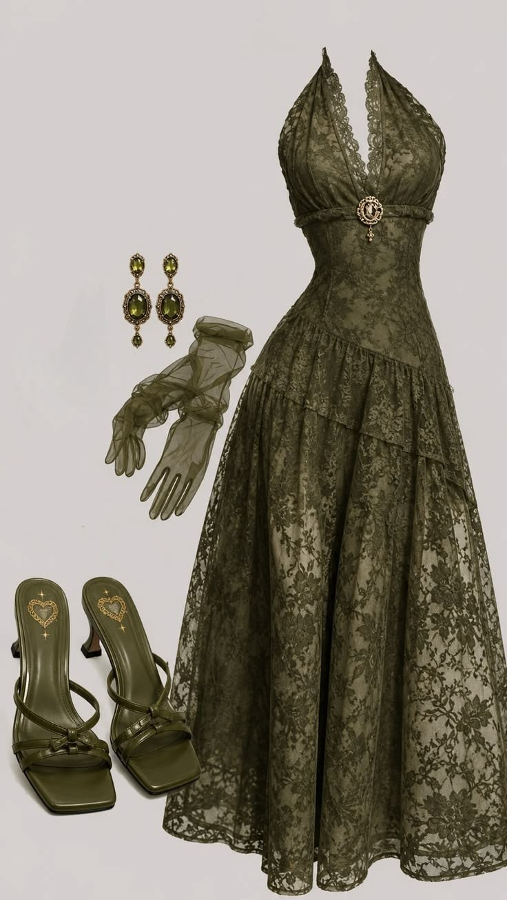 Vintage Halter Olive Green Lace A Line Long Birthday Party Dress Evening Dress D4814