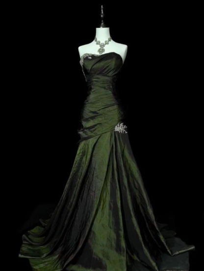Vintage Brown Strapless Beaded Satin Mermaid Long Wedding Guest Dress Birthday Party Dress Evening Gown D1913