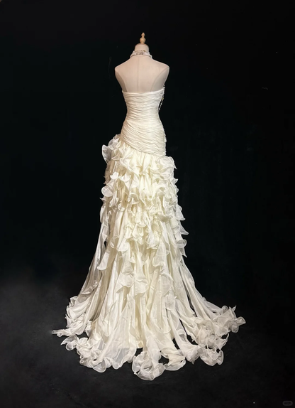 Elegant Strapless Off White Chiffon Pleated Ruffles Mermaid Evening Dress Long Prom Dress D3122