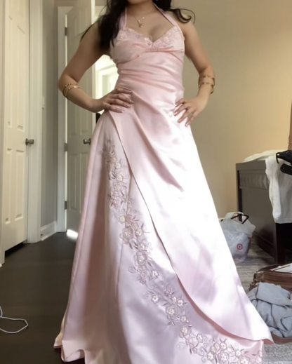 Classy Halter Pink Satin Mermaid Long Birthday Party Dress Evening Gown D1538