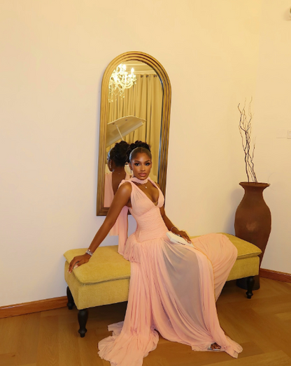 Stylish Pink Chiffon Pleated A Line Long Wedding Guest Dress Evening Dress With Ribbon D1363