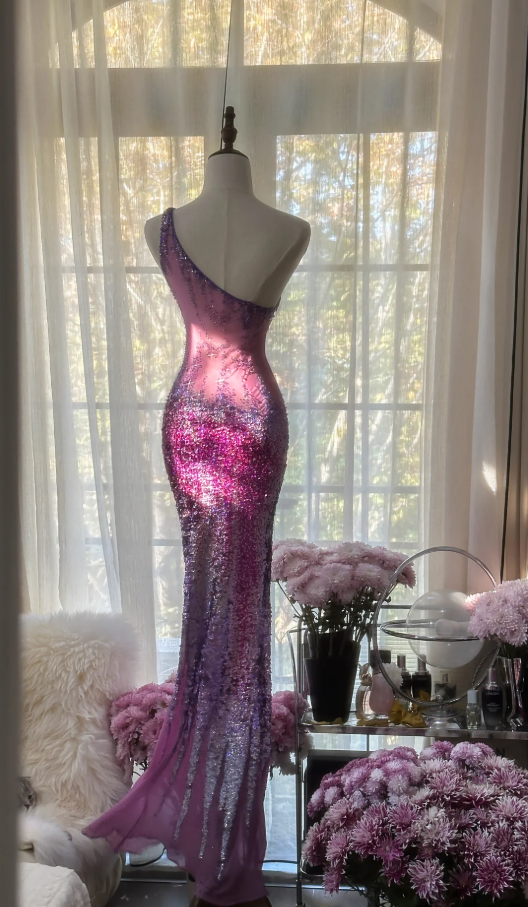 Glamorous Ombre Purple One Shoulder Chiffon Sequin Beaded Mermaid Long Evening Dress Birthday Party Dress D2096