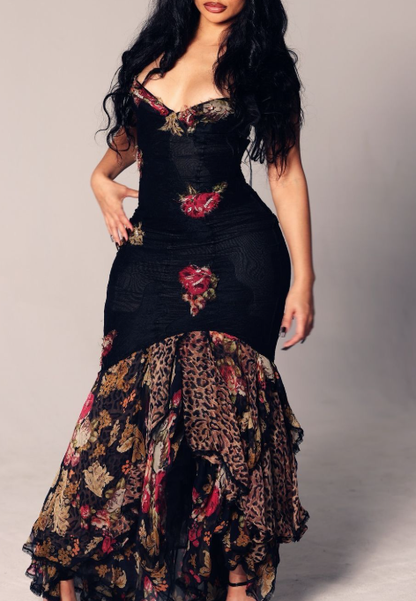 Gorgeous Black Spaghetti Straps Tulle Lace Floral Mermaid Evening Dress Long Party Dress Prom Gown D1856