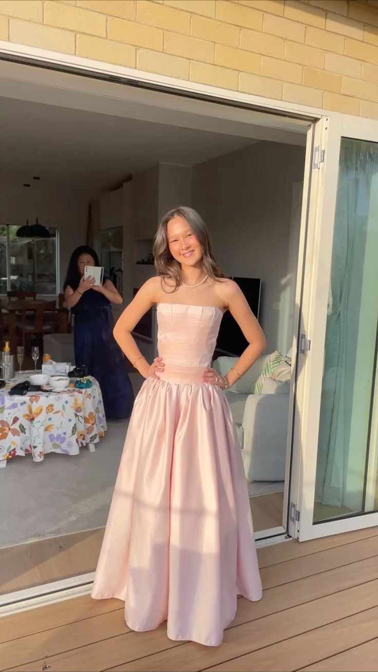 Classy Pink Strapless Satin A Line Party Dress Long Wedding Guest Dress D5007